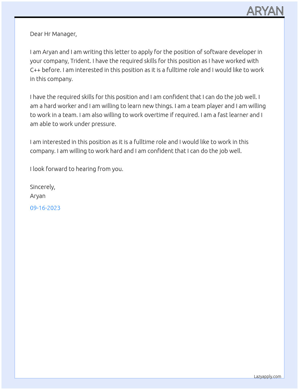 software developer At Trident Cover Letter