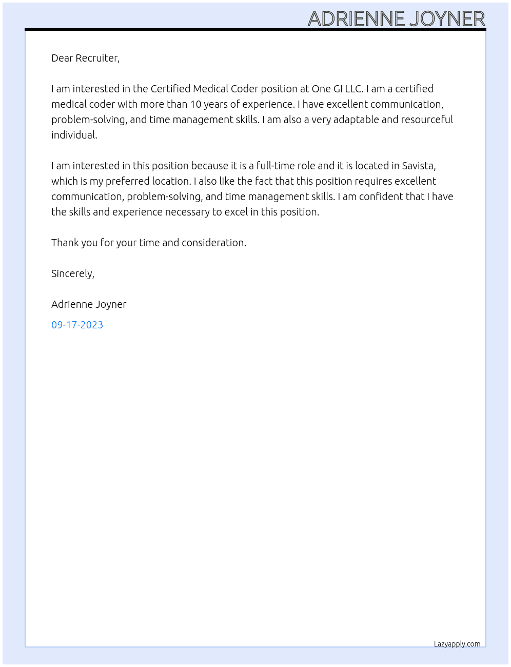 Certified Medical Coder At One GI LLC Cover Letter