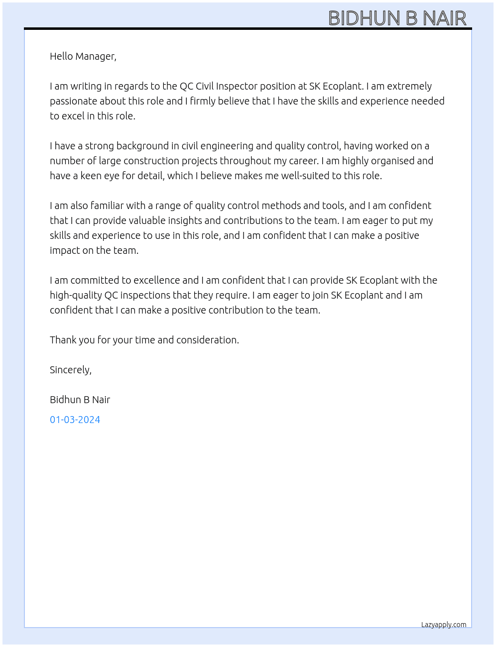 QC Civil Inspector  At SK Ecoplant  Cover Letter