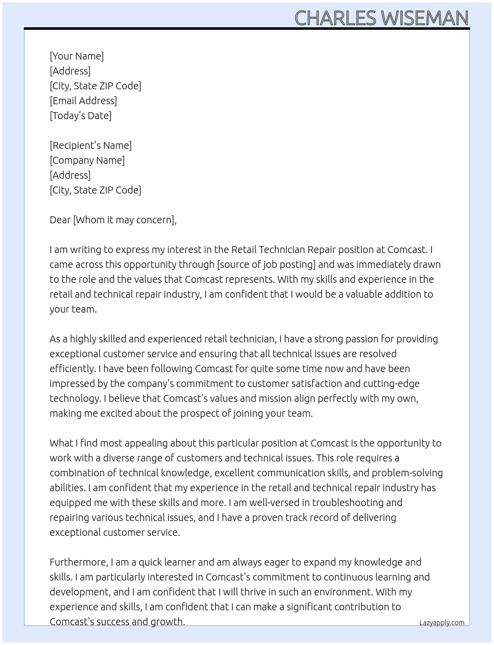 Retail technician repair At Comcast Cover Letter