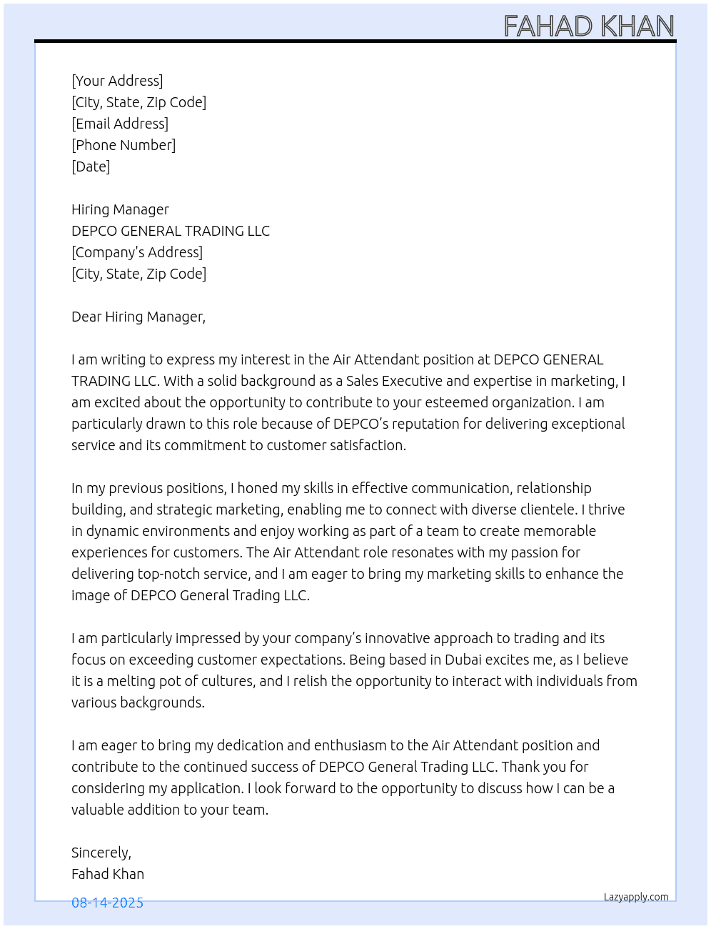 AIR Attendant At DEPCO GENERAL TRADING LLC Cover Letter