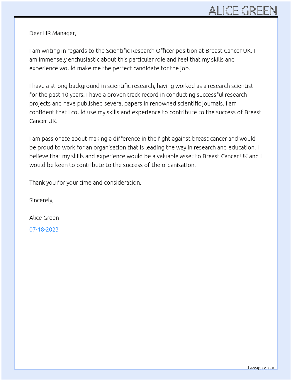 Scientific Research Officer At Breast Cancer UK Cover Letter