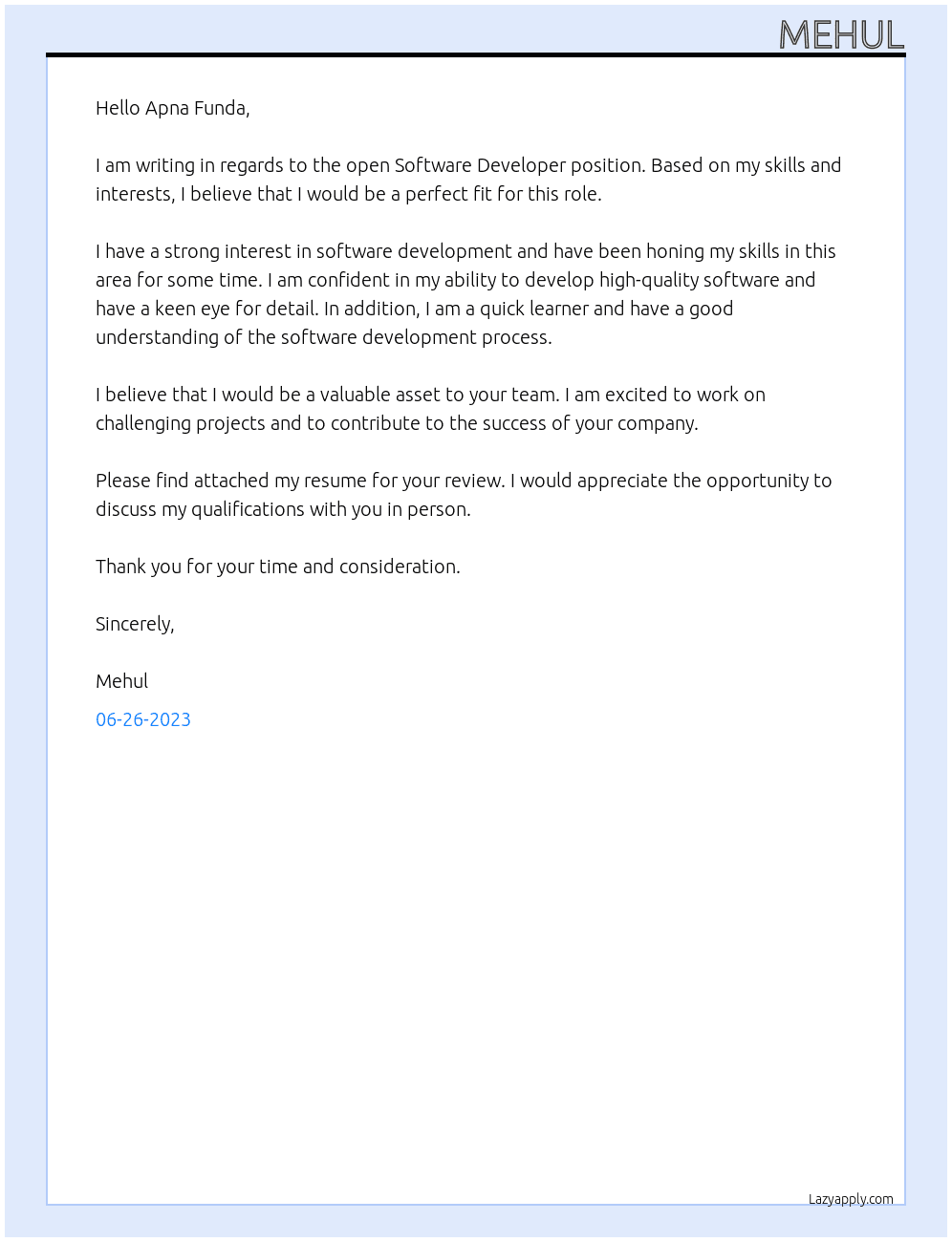 Software Developer At Apna Funda Cover Letter