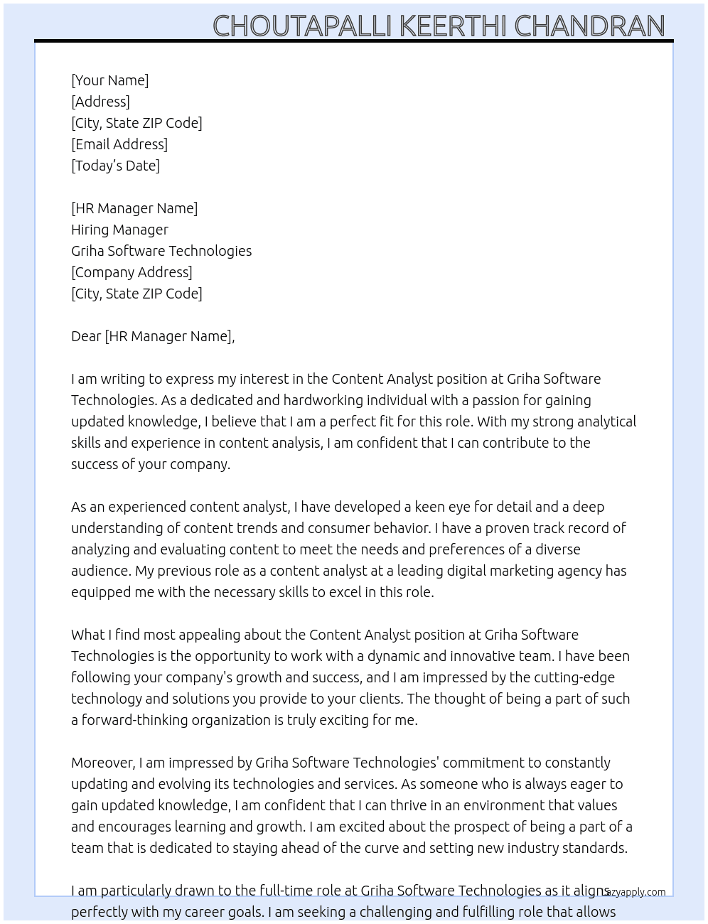 Content analyst At Griha software technologies  Cover Letter