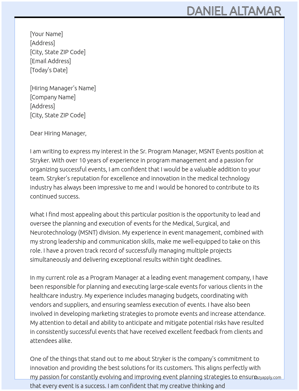 Sr. Program Manager, MSNT Events  At Stryker Cover Letter