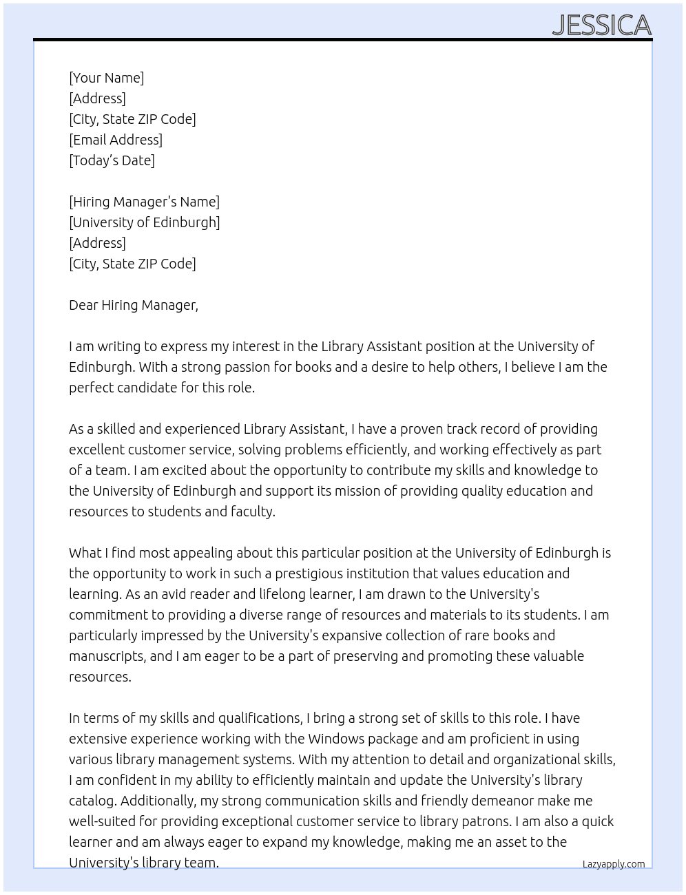Library assistant  At University of Edinburgh  Cover Letter