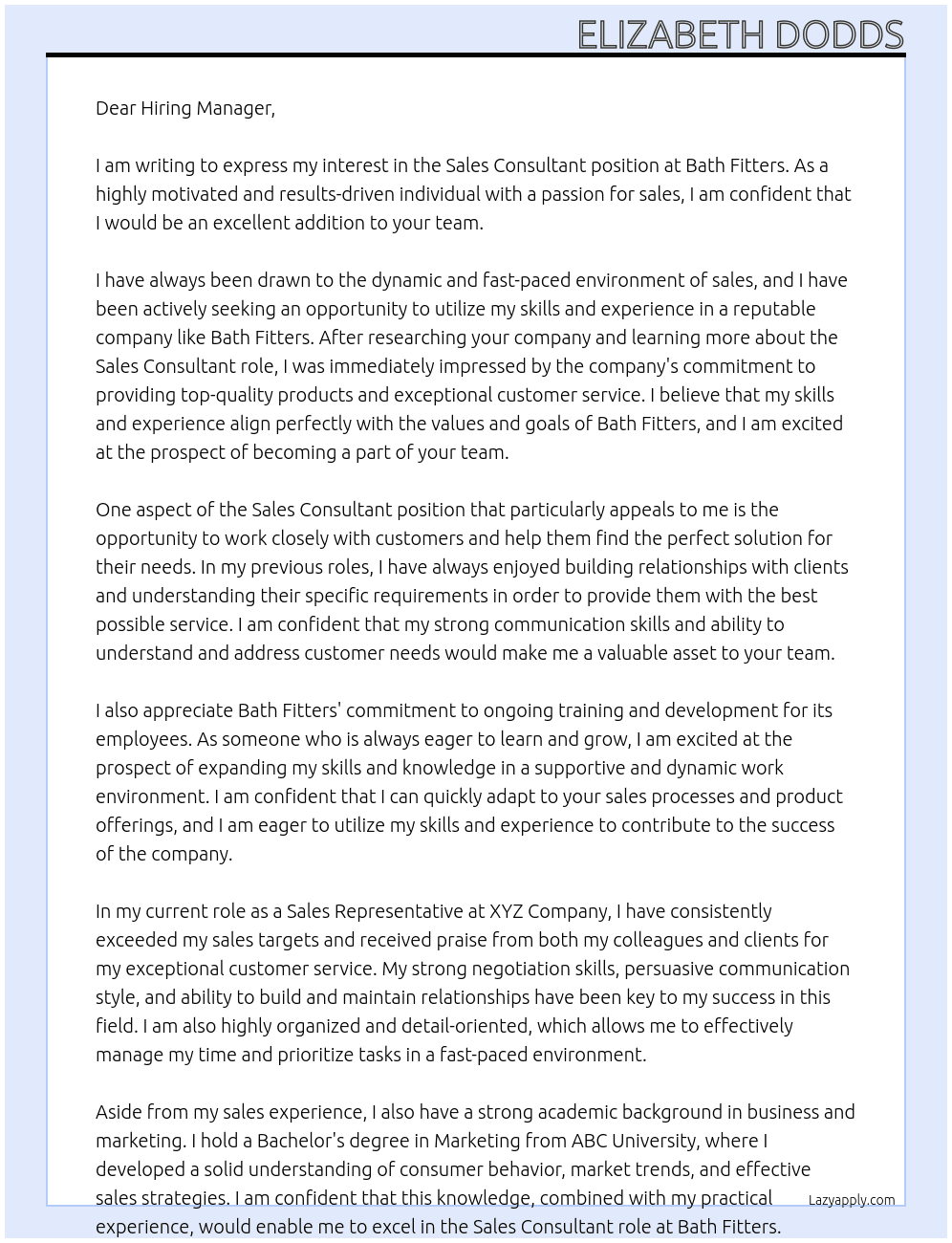 Sales consultant  At Bath Fitters Cover Letter