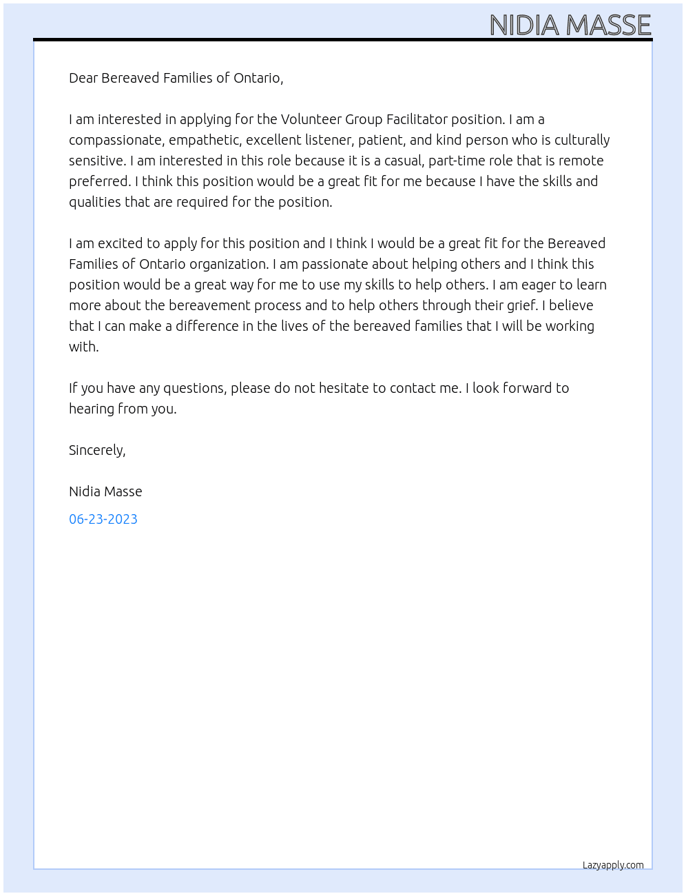 Volunteer Group Facilitator At Bereaved families of Ontario Cover Letter