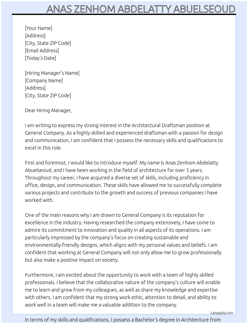 Architectural draftsman  At General company  Cover Letter