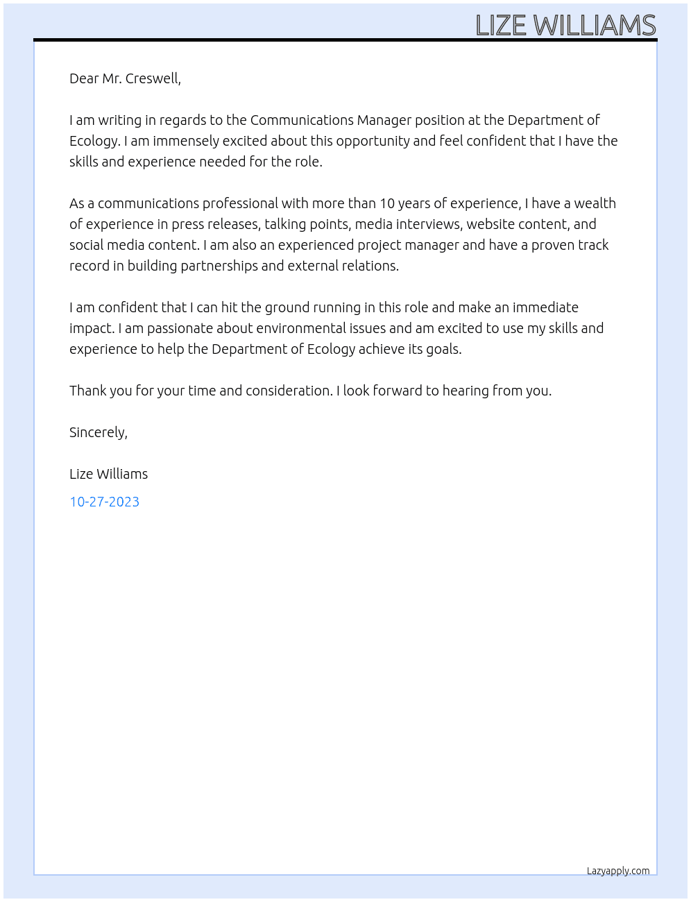 Communications Manager At Department of Ecology Cover Letter