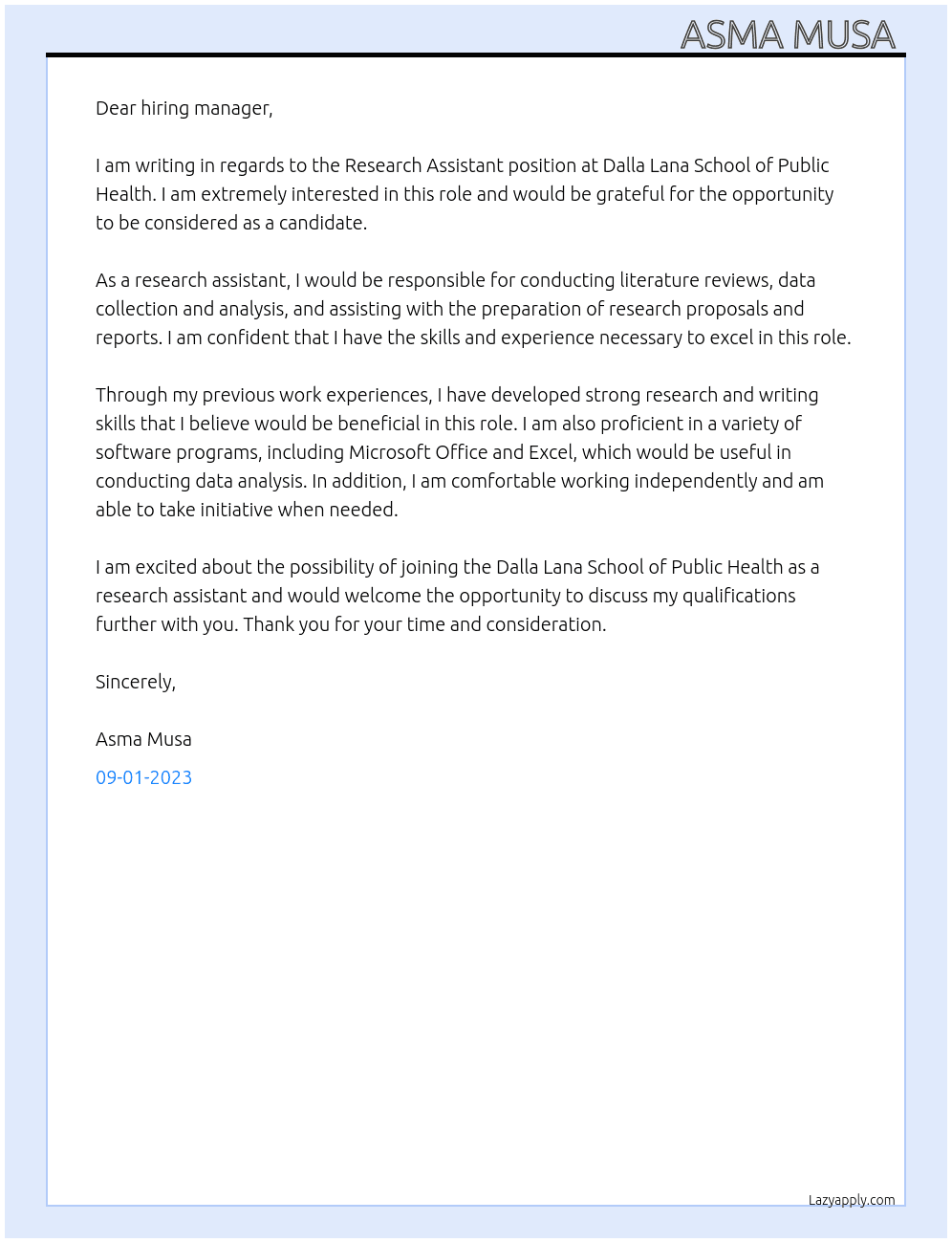 Research Assistant At Dalla Lana School of Public Health Cover Letter