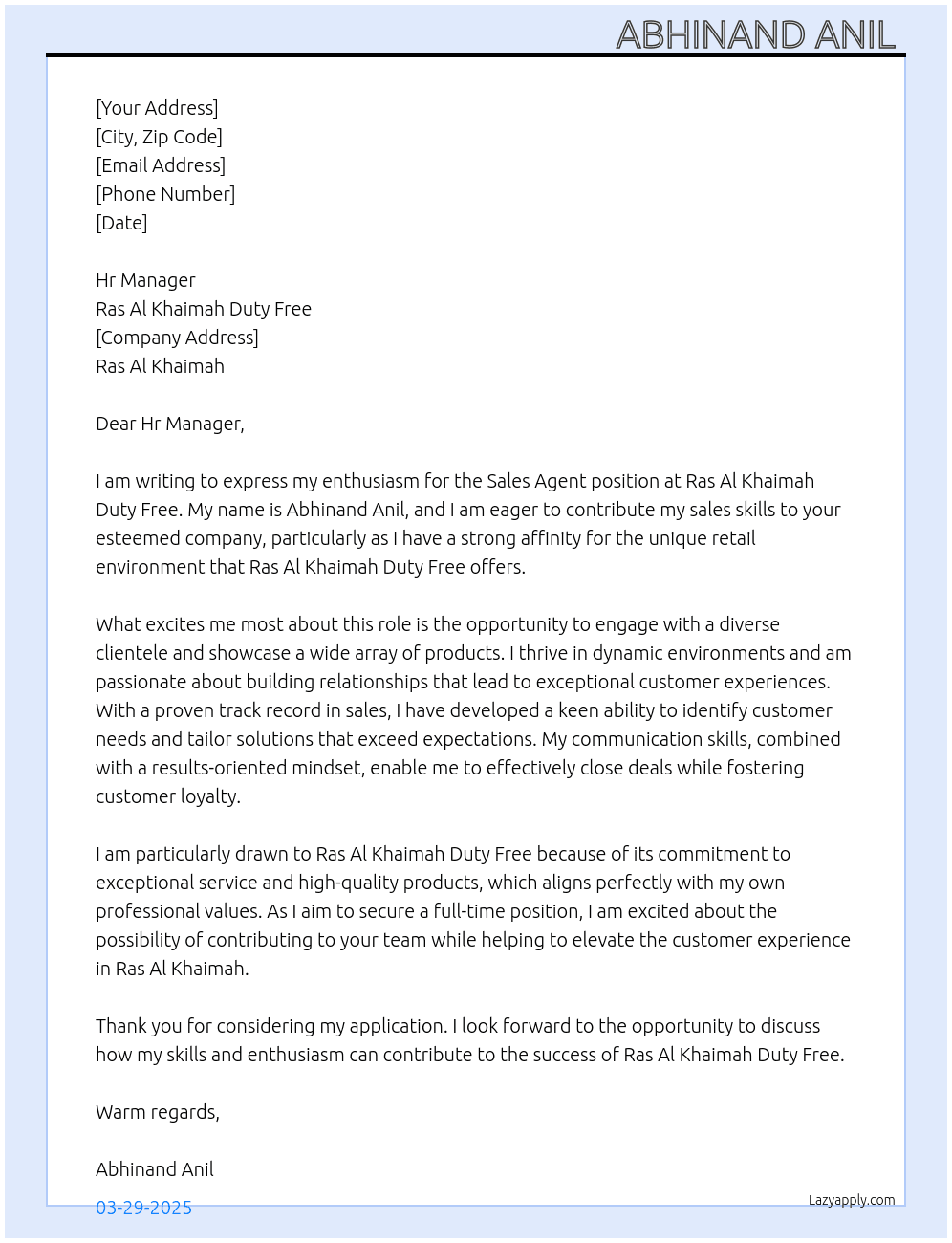 Sales Agent At Ras Al Khaimah duty free Cover Letter