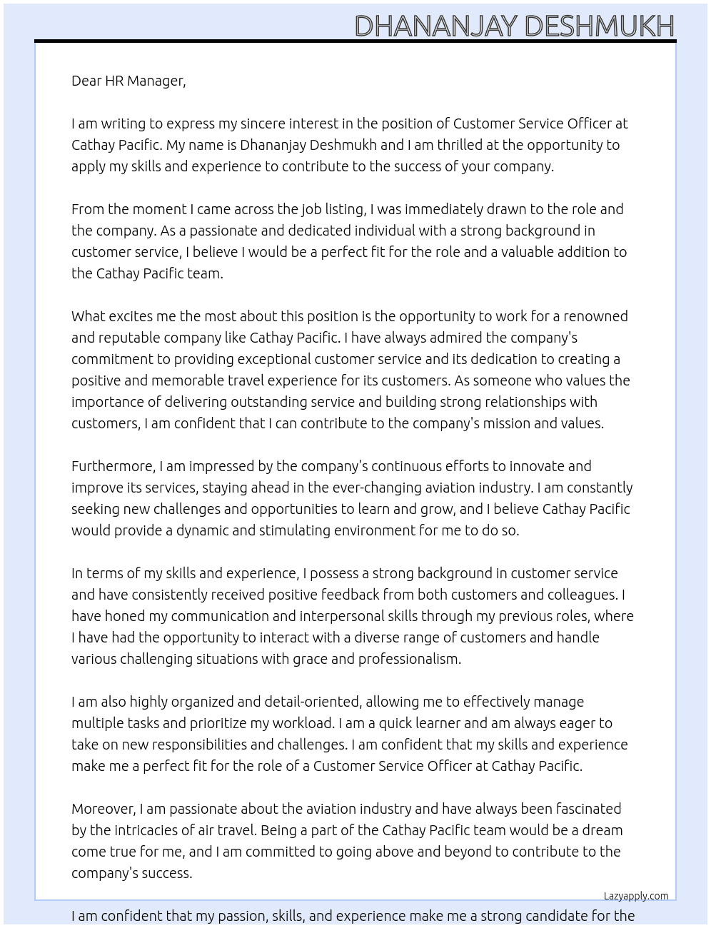 Customer service officer  At Cathay Pacific Cover Letter