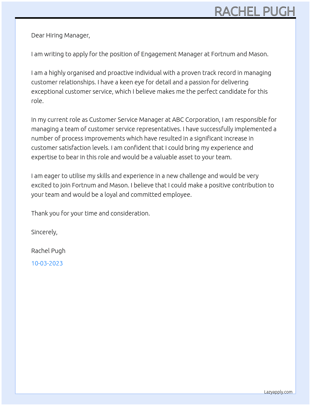 Engagement Manager At Fortnum and Mason Cover Letter