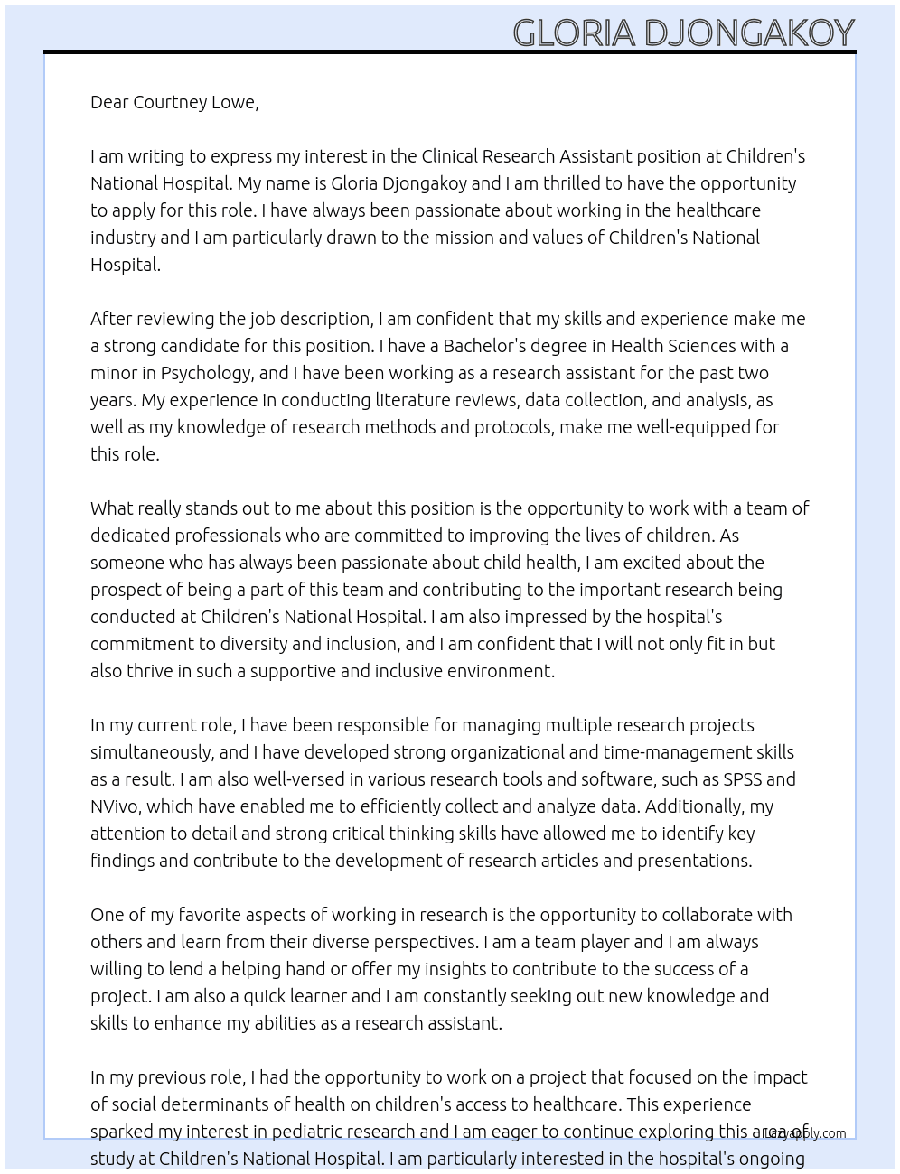 Clinical Research Assistant At Children's National Hospital Cover Letter