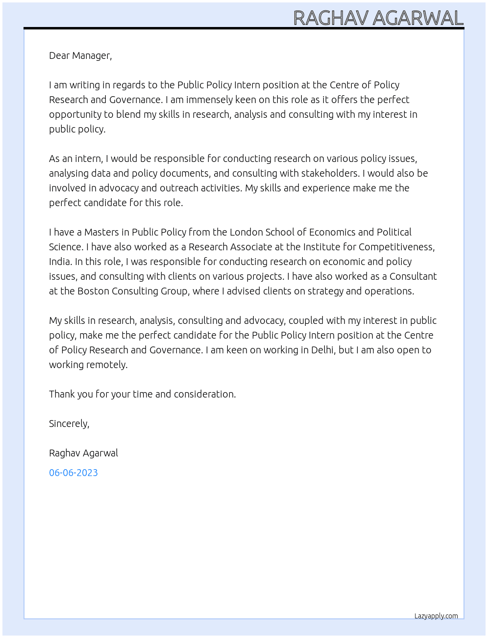 Public Policy Intern At Centre of Policy Research and Governance Cover Letter