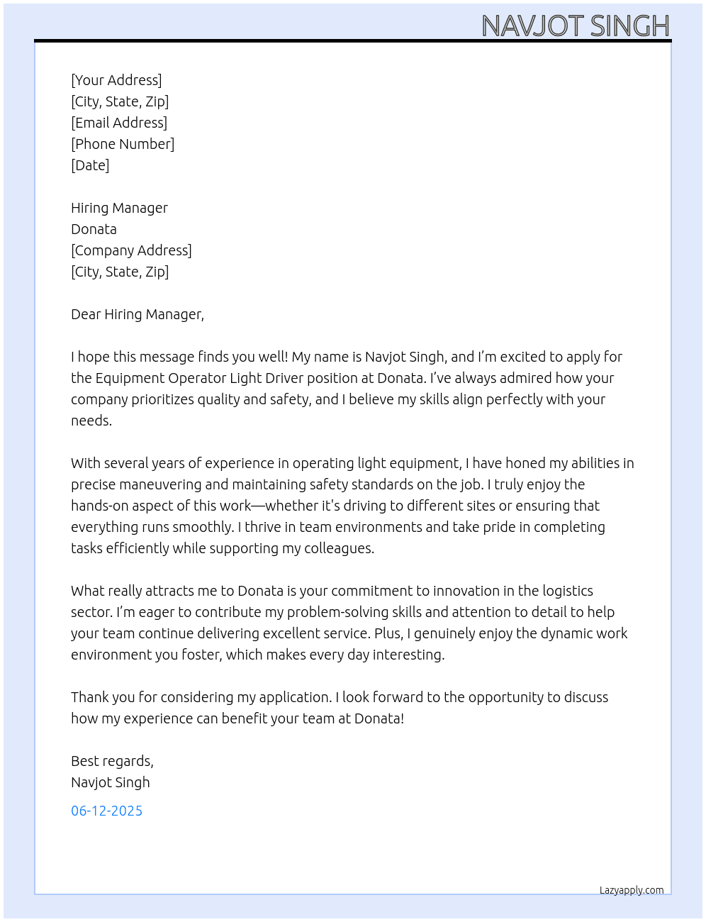 Equipment operator light driver At Donata Cover Letter