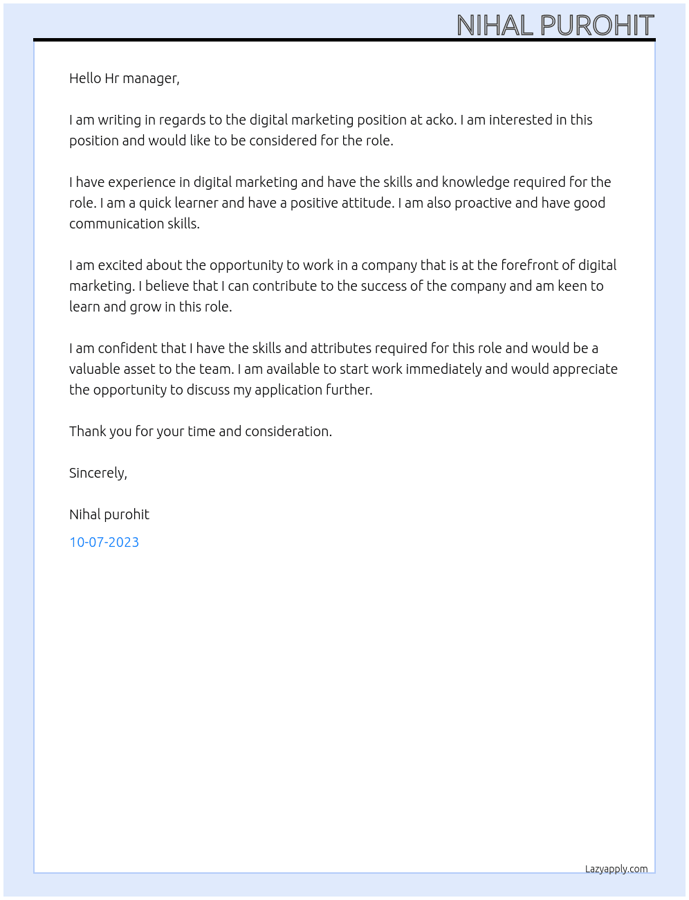 Digital marketing At acko Cover Letter