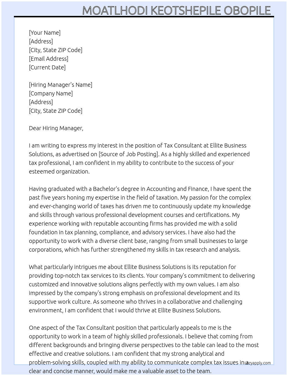 Tax Consultant  At Ellite Business Solutions  Cover Letter