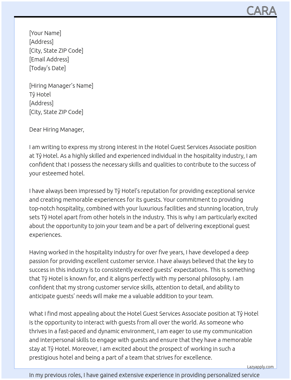 Hotel guest services associate  At Tŷ Hotel  Cover Letter