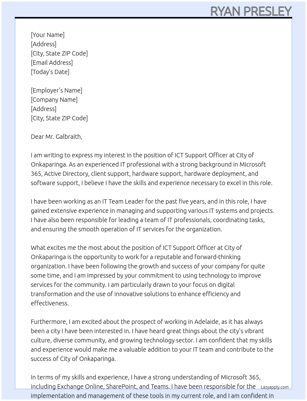ICT Support Officer At City of Onkaparinga Cover Letter