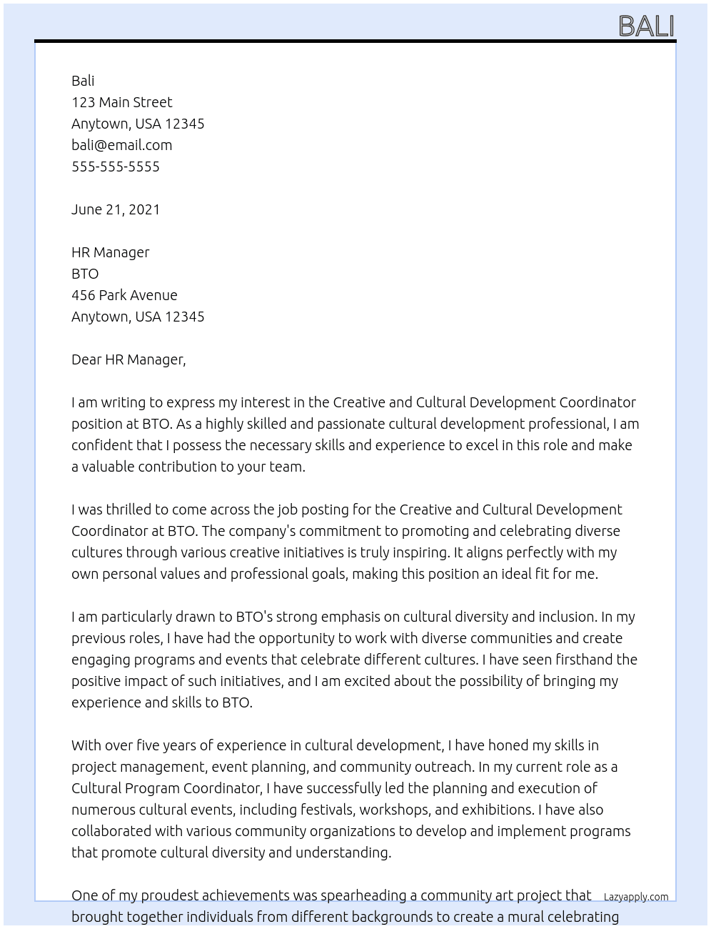 – Creative and Cultural Development Coordinator At BTO Cover Letter