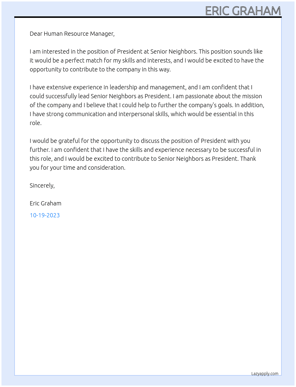 President At Senior Neighbors  Cover Letter