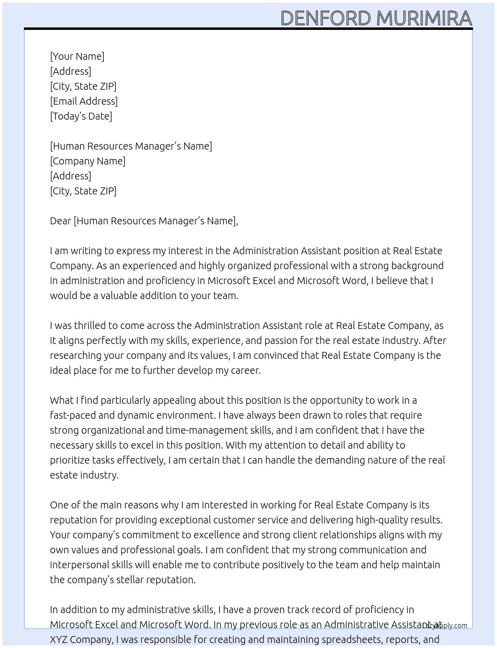 Administration Assistant  At Real Estate Company Cover Letter