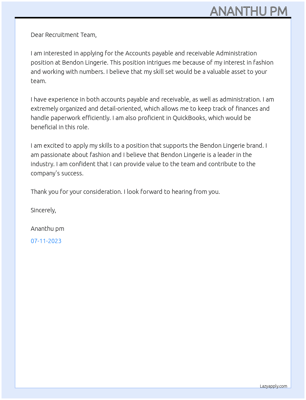 Accounts payable and receivable Administration  At BENDON LINGERIE  Cover Letter