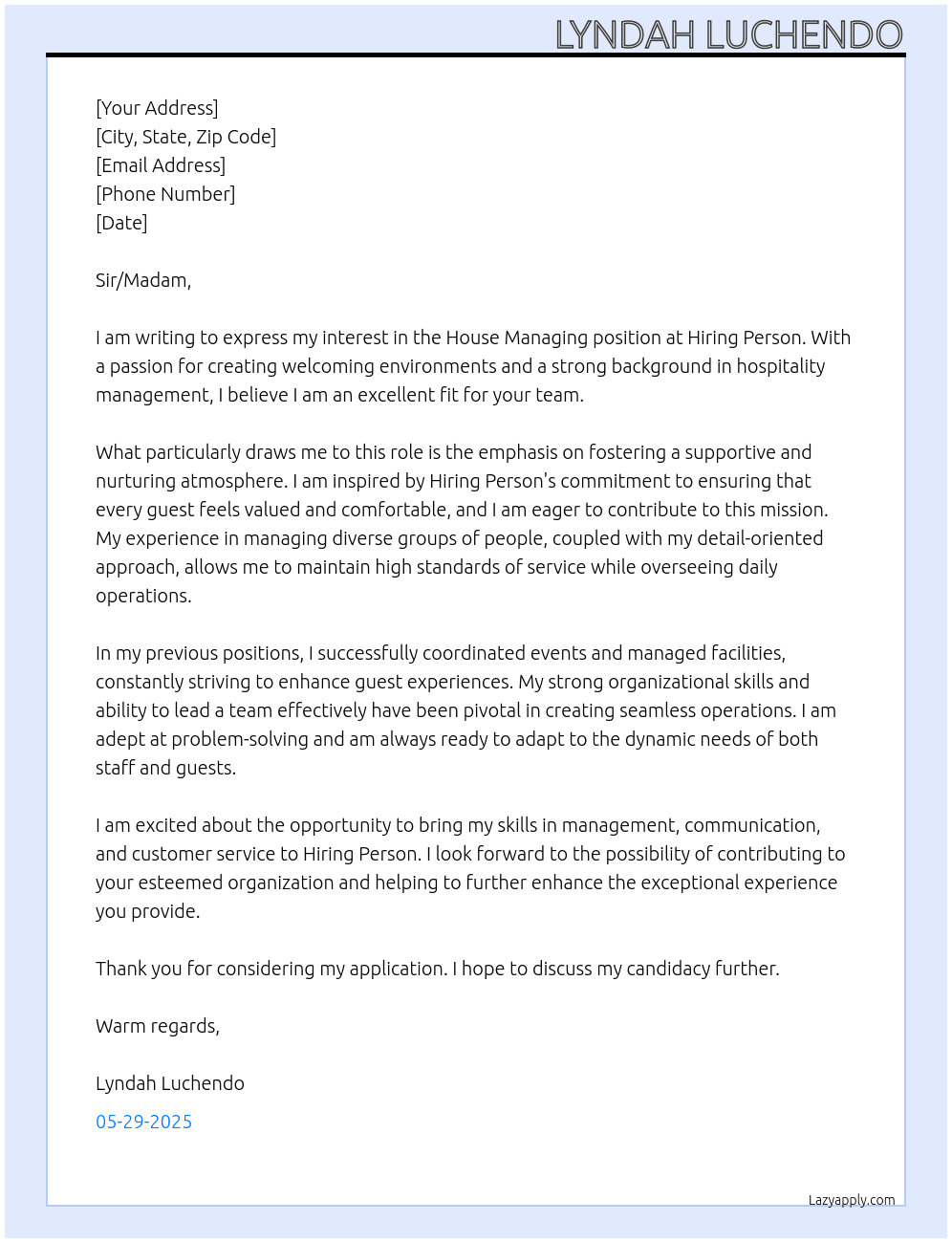 Cover letter for house managing - LazyApply
