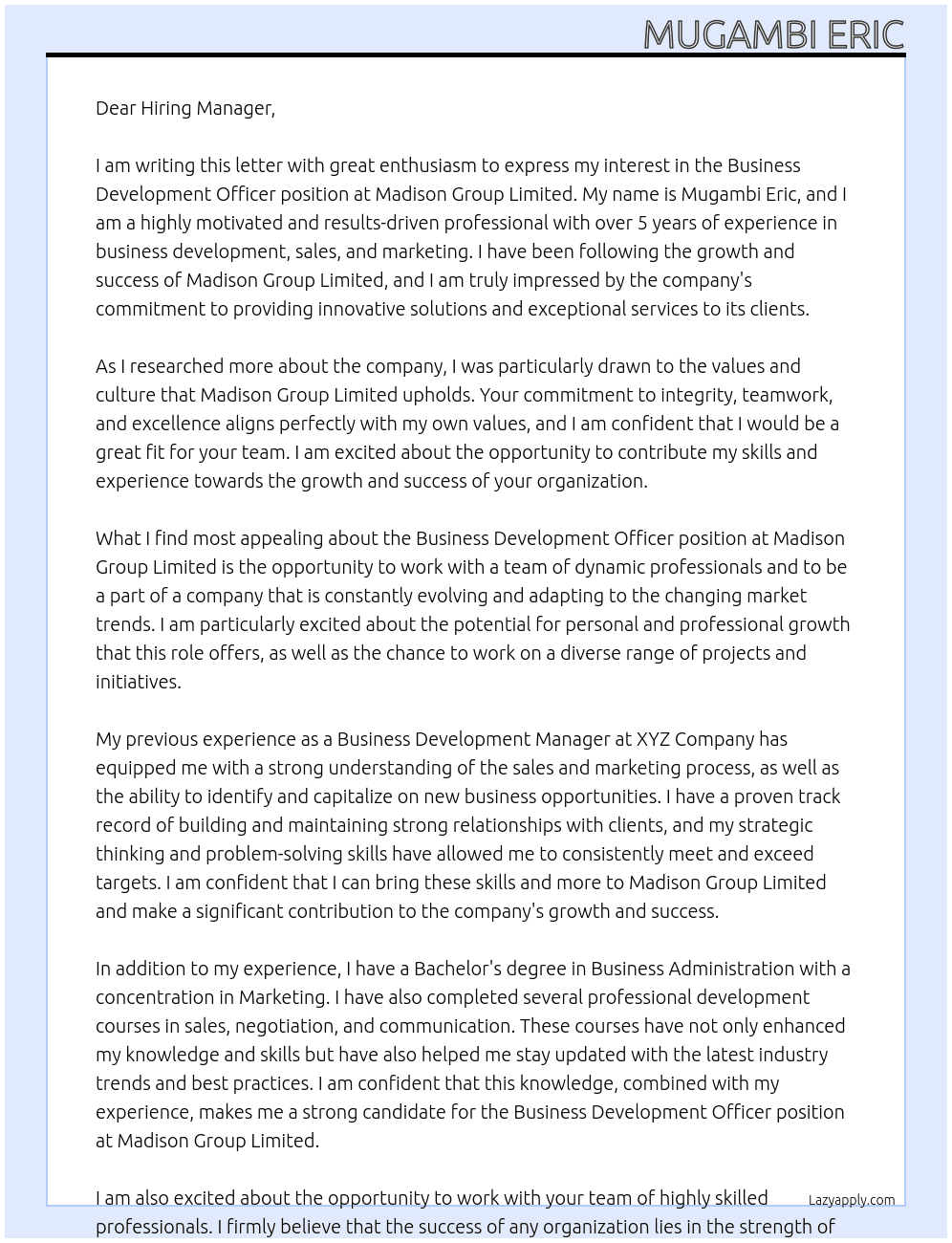 Business Development Officer At Madison Group Limited Cover Letter