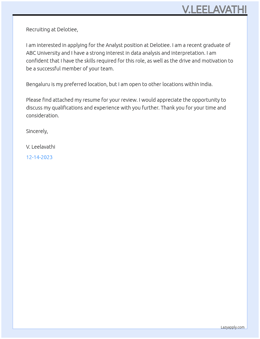 Analyst At Delotiee Cover Letter