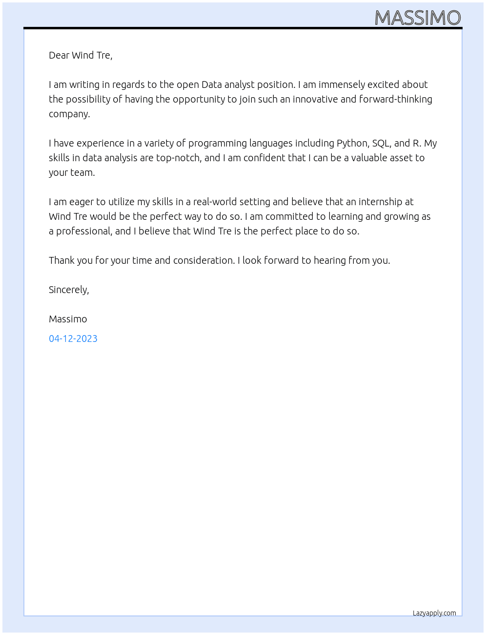 Data analyst  At Wind Tre Cover Letter
