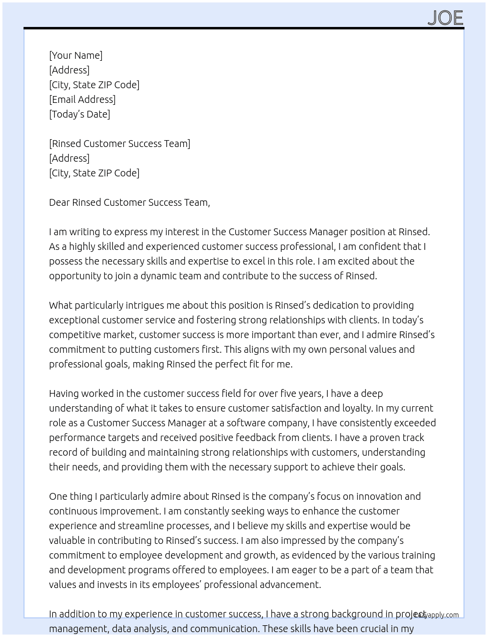 Customer Success Manager At Rinsed Cover Letter