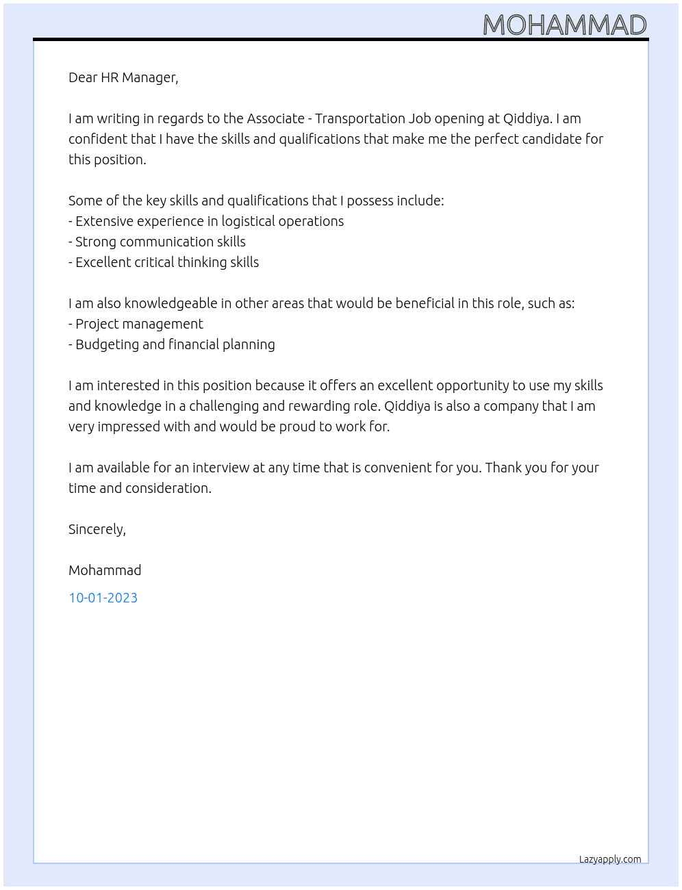 Associate - Transportation Job At Qiddiya Cover Letter