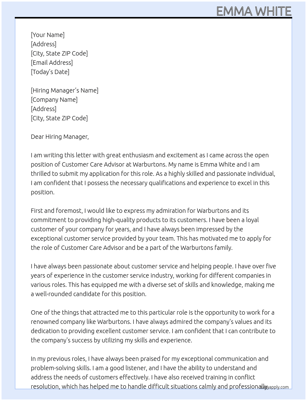 Customer care advisor At warburtons Cover Letter