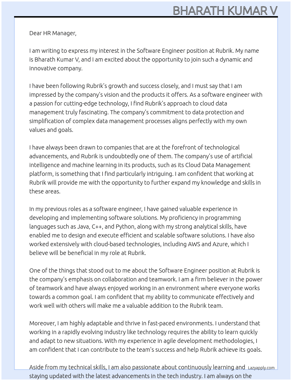 Software Engineer At Rubrik Cover Letter