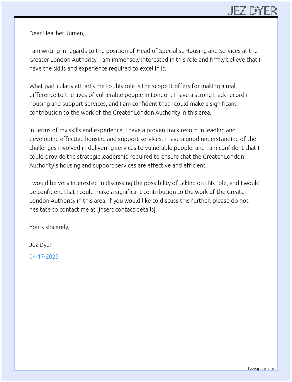 Head of Specialist Housing and Services At Greater London Authority Cover Letter