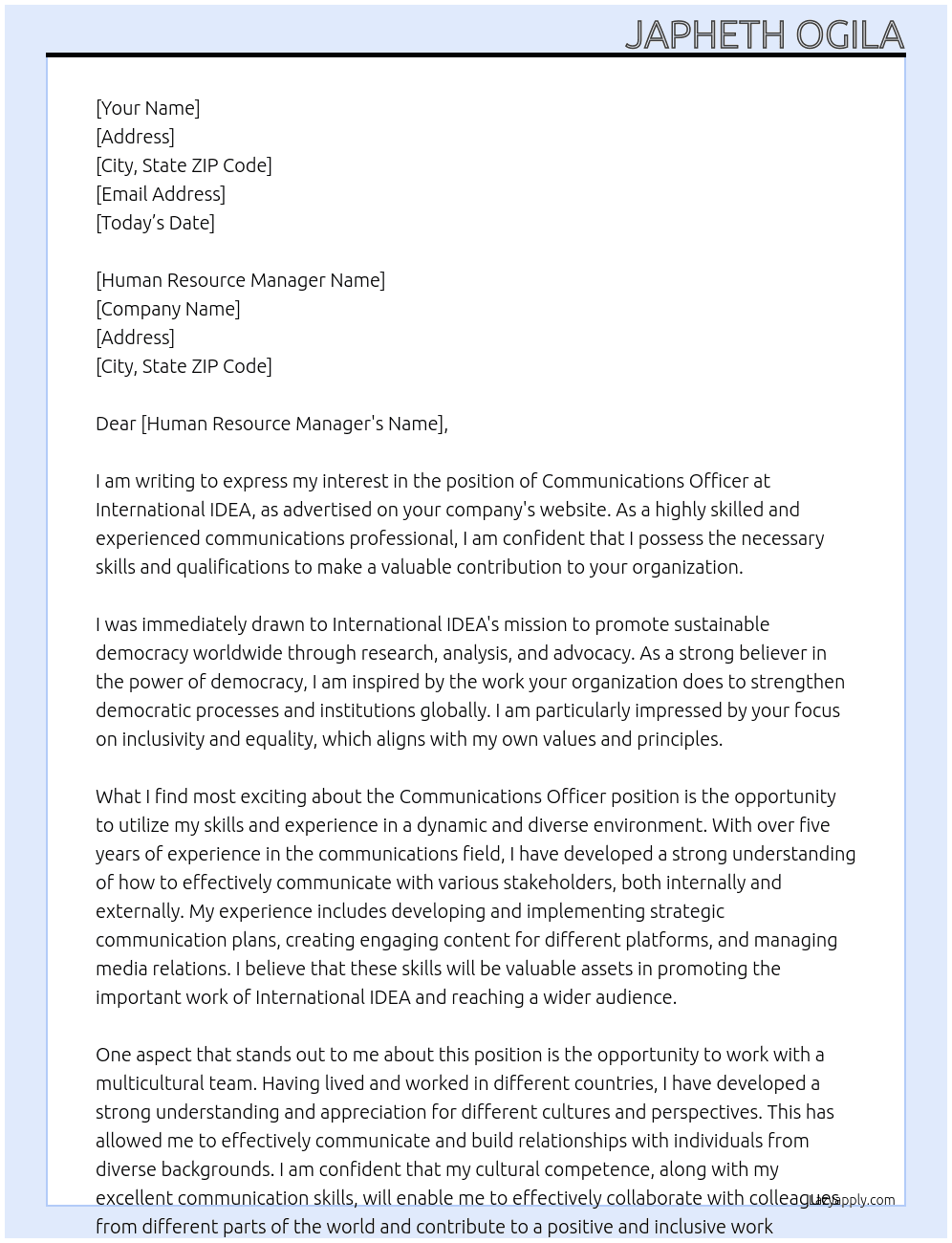 Communications Officer At International IDEA Cover Letter