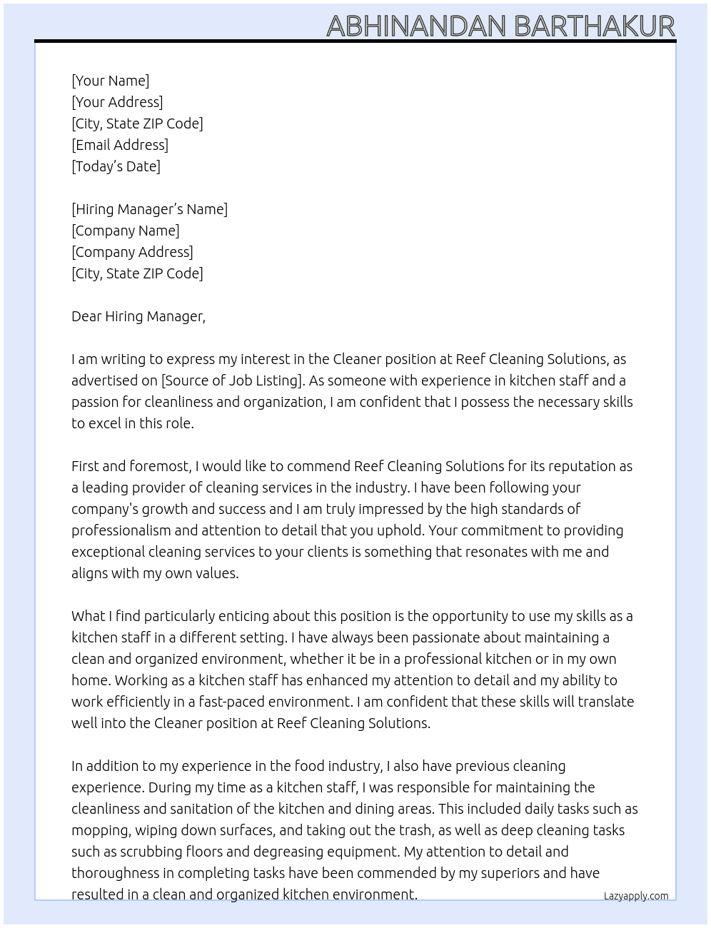 Cleaner At Reef Cleaning Solutions Cover Letter