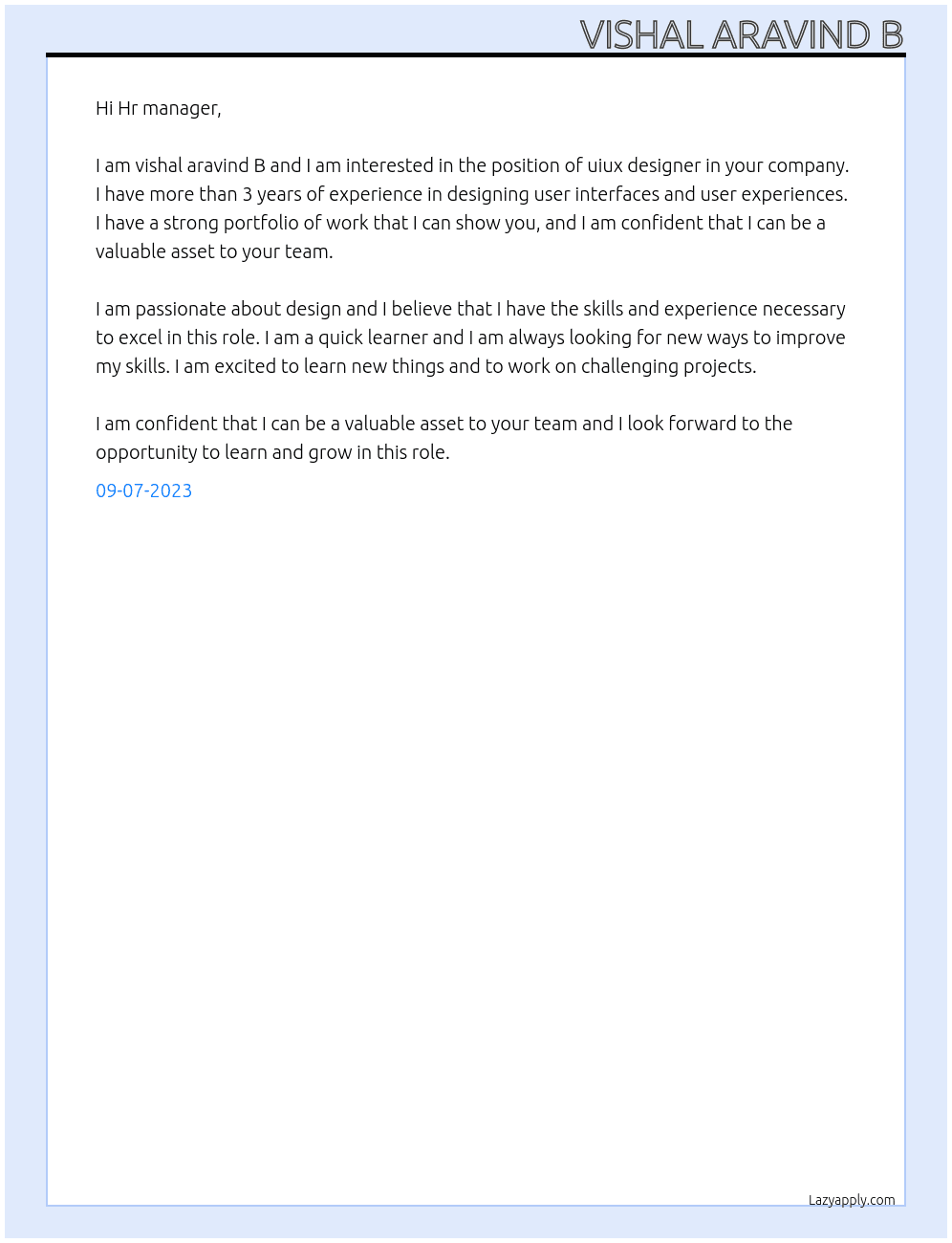 uiux designer At MWT Technologies Cover Letter