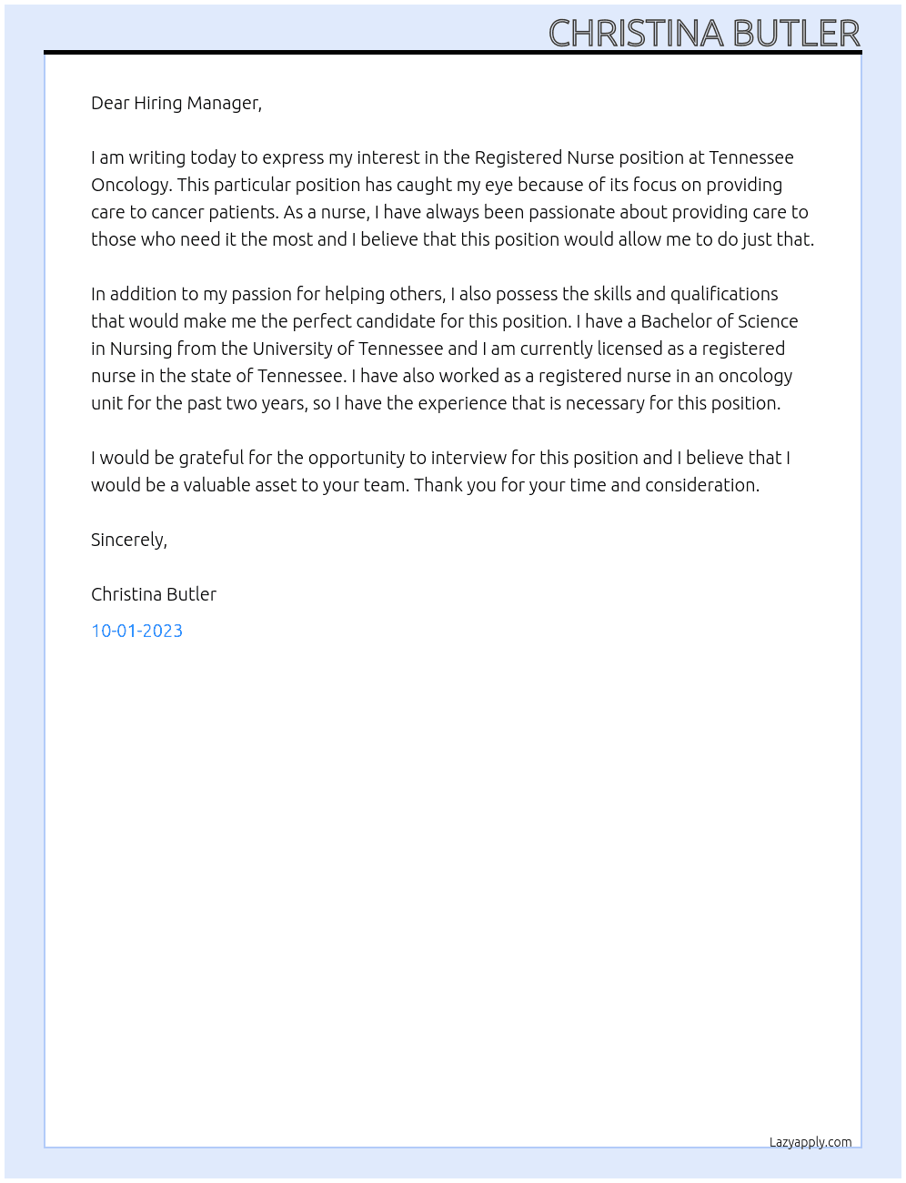 Registered Nurse At Tennessee Oncology Cover Letter