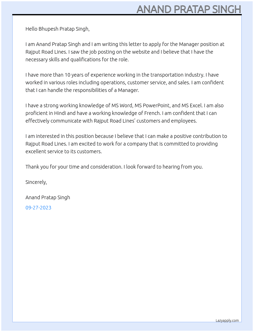 Manager At Rajput Road Lines Cover Letter