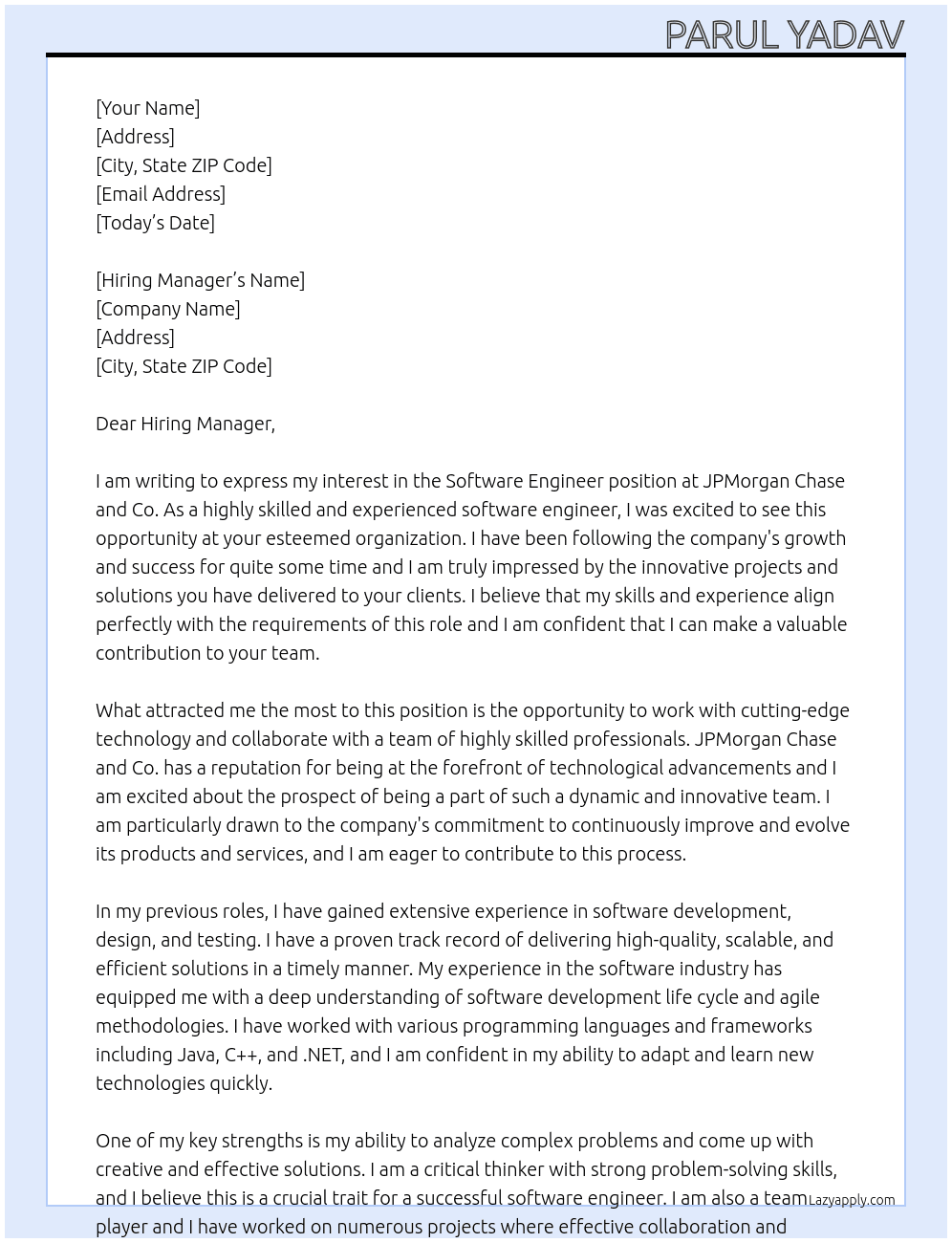 software engineer At JPMorgan chase and co Cover Letter