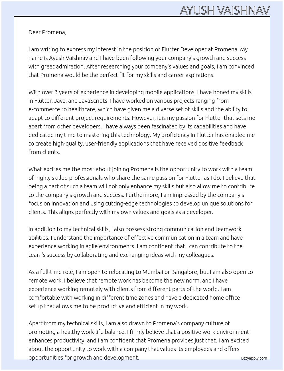 Flutter Developer At Promena Cover Letter