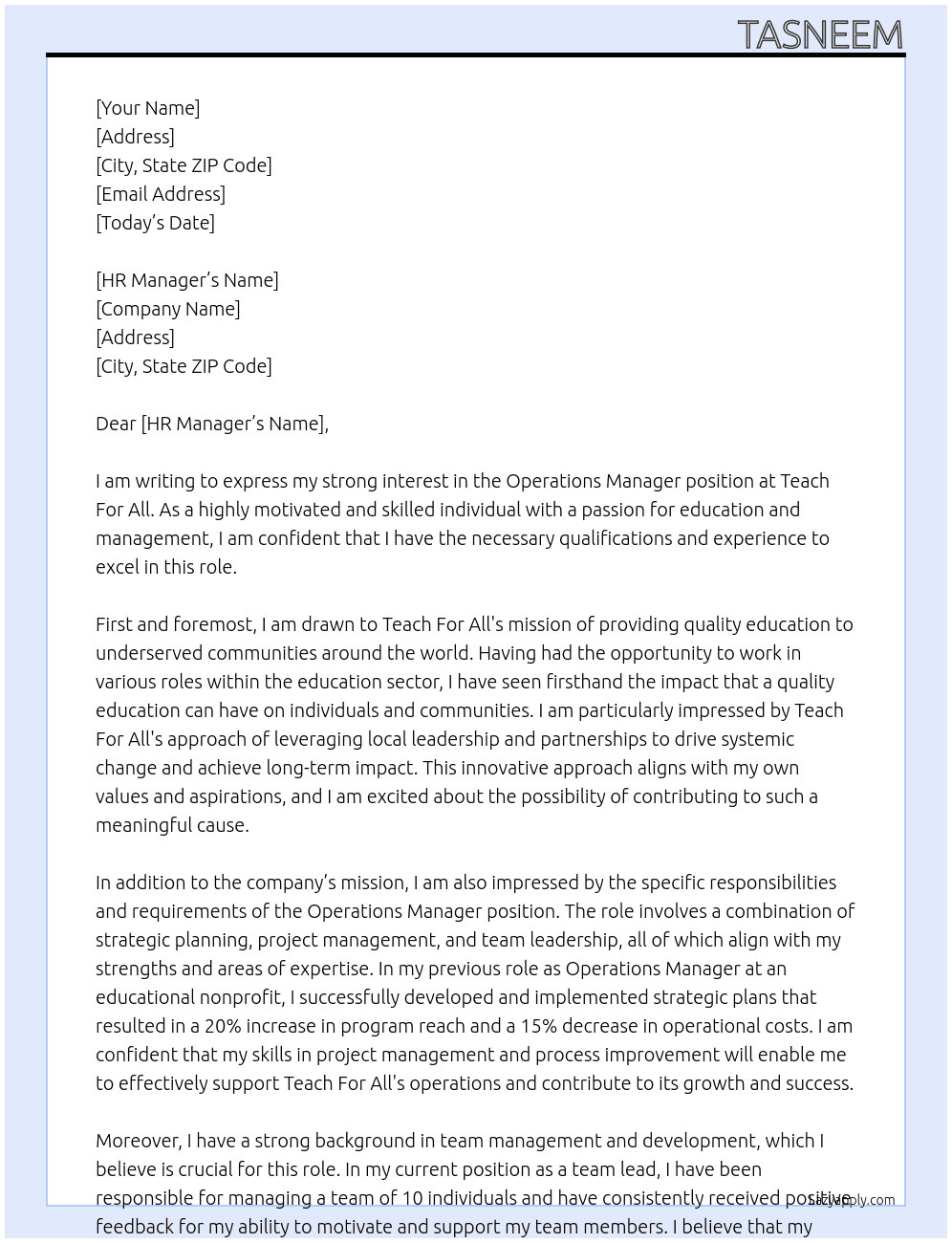 Operations Manager At Teach For All Cover Letter