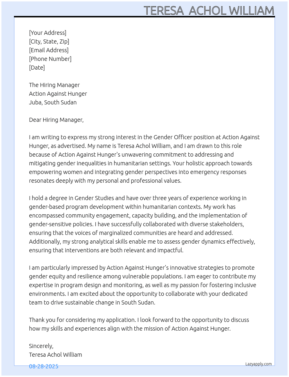 Gender Officer At Action Against Hunger, Juba South Sudan. Cover Letter