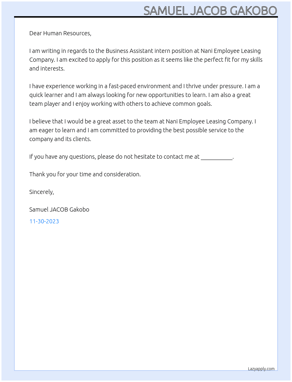 Business Assistant intern At Nani Employee Leasing Company Cover Letter