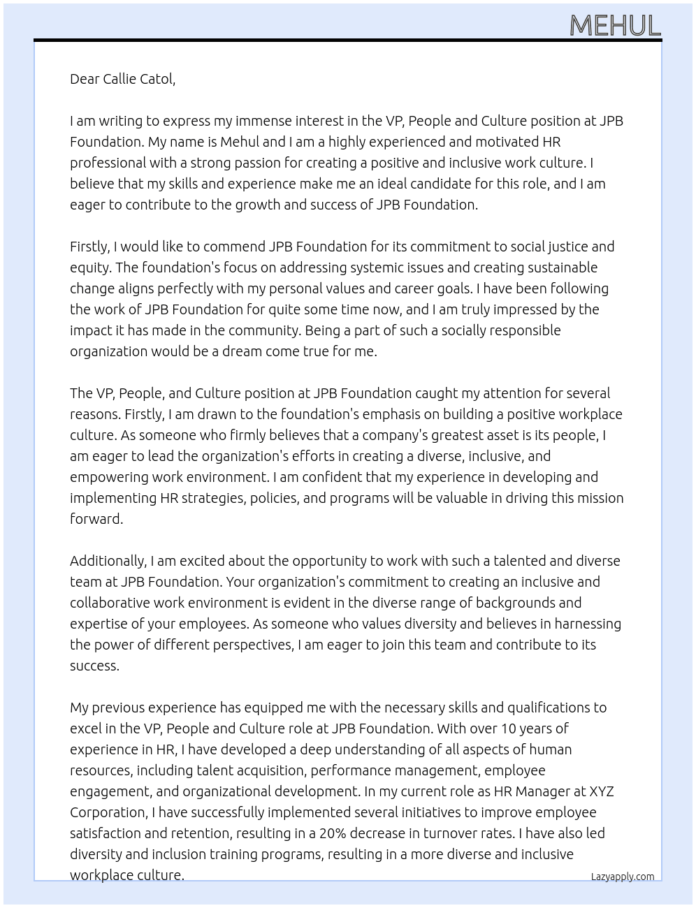 VP, People and Culture At jpb foundation Cover Letter