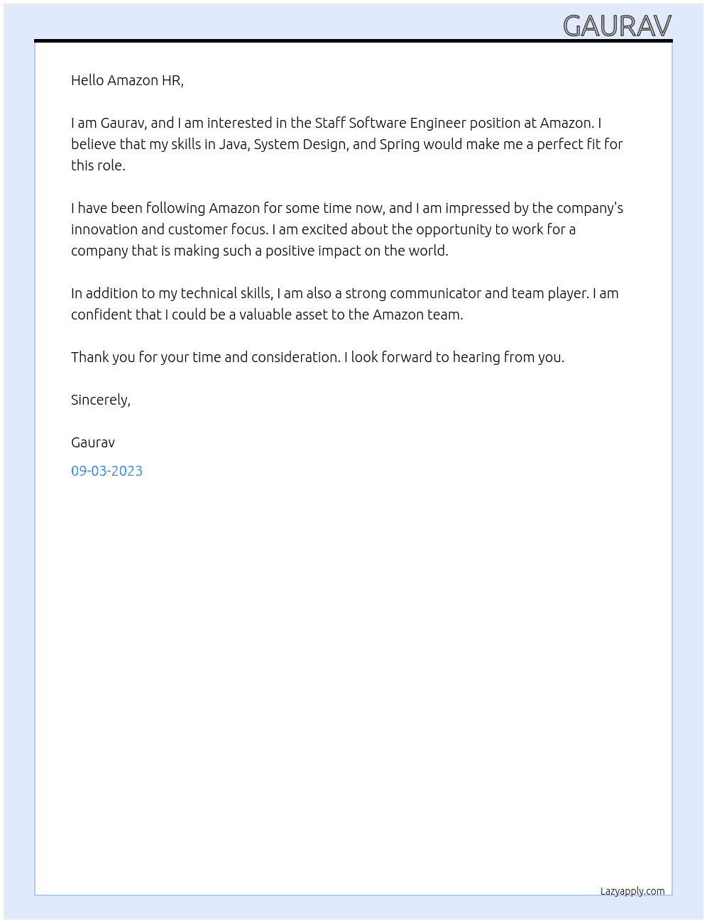 Staff software engineer At Amazon Cover Letter